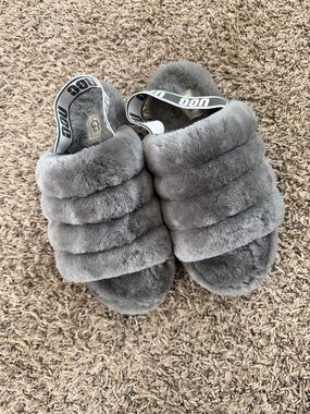 UGG Gray Fluff Slide with Branded Elastic Heel Strap